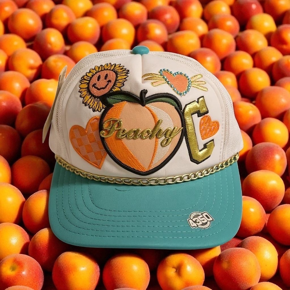 NWT Peachy C Turquoise White Trucker Hat Embroidered Patch Retro Festival Y2K